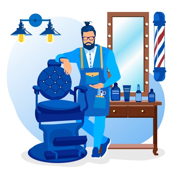 留着胡子的理发师穿着围裙和理发工具图片下载