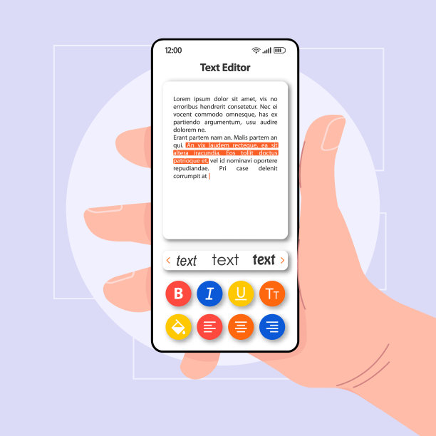 文本编辑器智能手机接口矢量模板。手机应用页面色彩设计布局。短语高亮显示屏幕。应用程序的平面UI。手持电话与文件字体选择显示图片下载