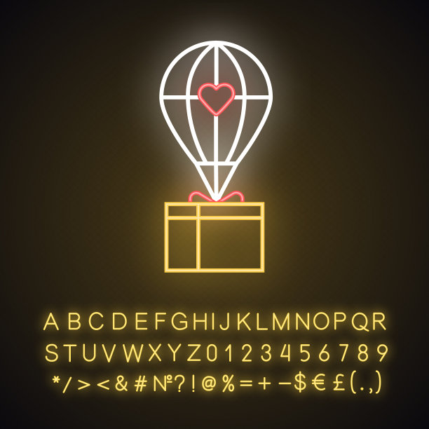 人道主义援助霓虹灯图标。向有需要的人提供援助。带盒子的热气球。紧急救援。有字母、数字和符号的发光符号。向量孤立的插图图片下载