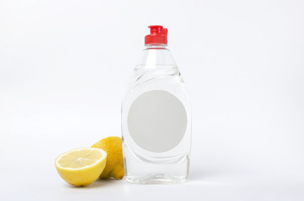 洗衣粉模型。装有柠檬味盘子清洗液的瓶子图片下载