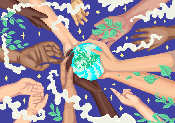 海报拯救地球。拯救地球的生态。不同的手握着地球。矢量图图片下载