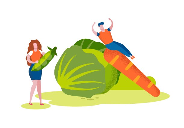 豌豆的女人。卷心菜和胡萝卜旁边的男人。图片下载