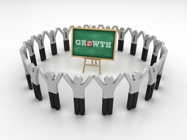 象形文字团队和画架与成长字和目标在黑板框架- 3D渲染图片下载