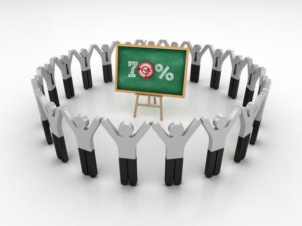 图形团队合作和画架70%的字和目标在黑板框架- 3D渲染图片下载