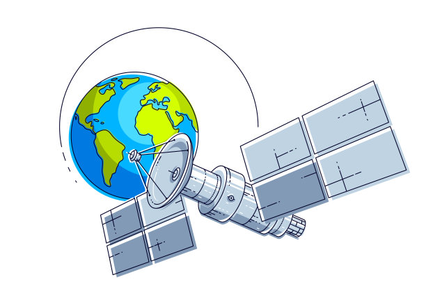 卫星绕地球运行，航天飞行，通信航天器空间站与太阳能电池板和卫星天线板。细线三维矢量插图。图片下载