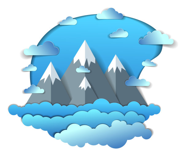 风景优美的山峰连绵，多云的天空，夏季矢量插图剪纸儿童风格。暑假旅游旅游。图片下载