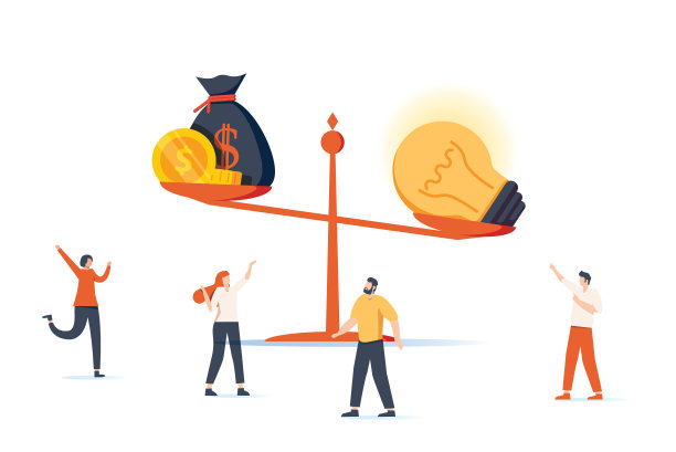 这是一幅矢量图，描绘了一群人把钱投入到一个秋千上的想法中，并超过了它素材图片
