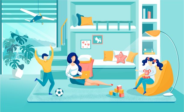 妈妈在孩子旁边用笔记本电脑工作，班纳。图片下载