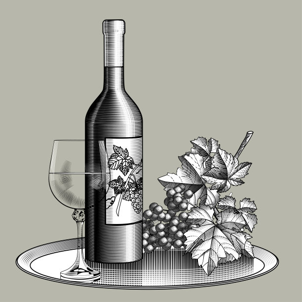 一瓶葡萄酒，一个杯子，一串葡萄和叶子放在一个金属圆托盘图片下载