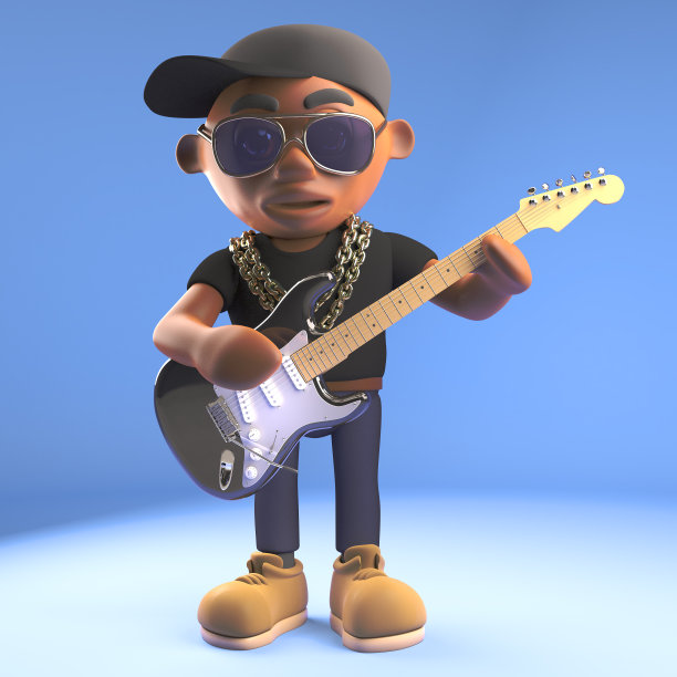 3d卡通黑人嘻哈说唱歌手主持人角色扮演电吉他，3d插图图片下载