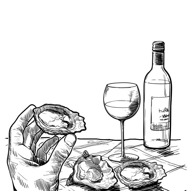 静物画一只手拿着牡蛎一瓶白酒和一对牡蛎放在桌子上。空白的餐厅菜单。线性草图孤立在白色背景图片下载