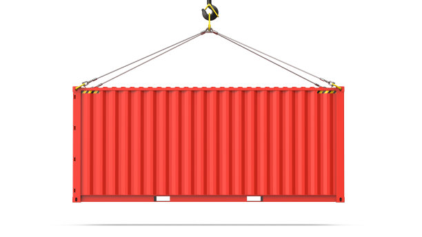 一个红色的20英尺的货物集装箱的侧面视图挂在一个起重机钩的物流和运输图片下载