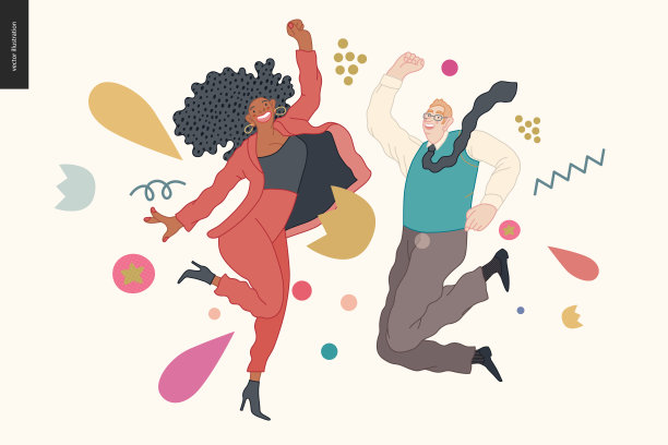 快乐的商人和女商人高兴地在空中跳起来图片下载