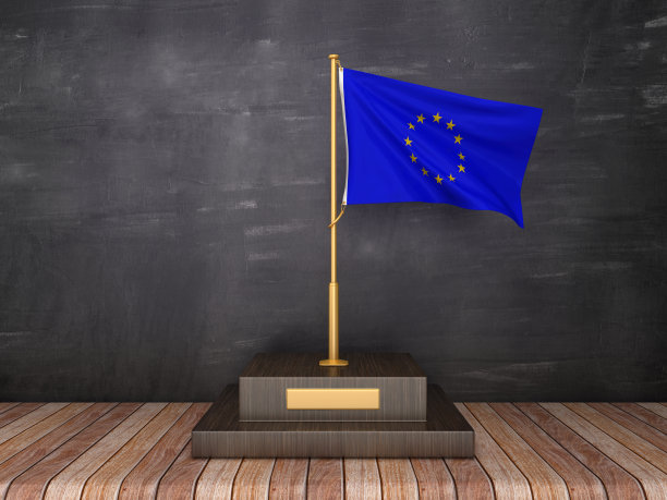 欧洲联盟旗帜上的奖杯- 3D渲染图片下载