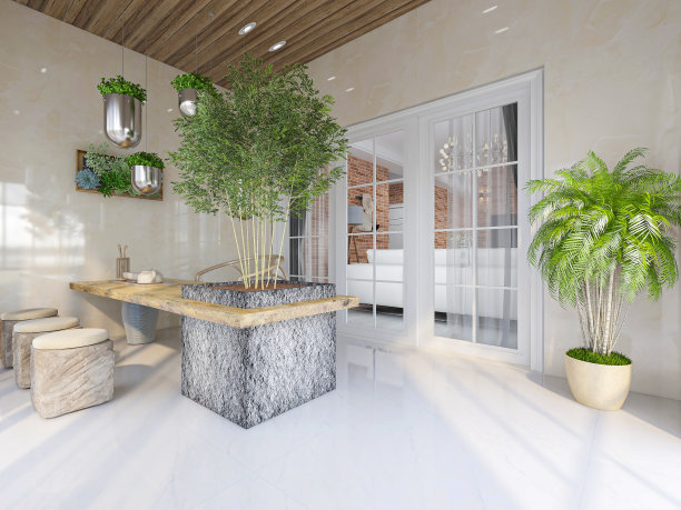 3D渲染，宽敞明亮的城市住宅封闭式阳台设计，绿色植物配木制桌椅休闲舒适。图片下载