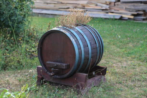 旧酒桶里的干花图片下载