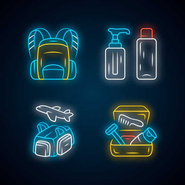 旅行配件霓虹灯图标集。背包，行李袋，可重复使用的容器。航班，旅行袋，洗漱箱，集装箱。发光的迹象。向量孤立的插图图片下载