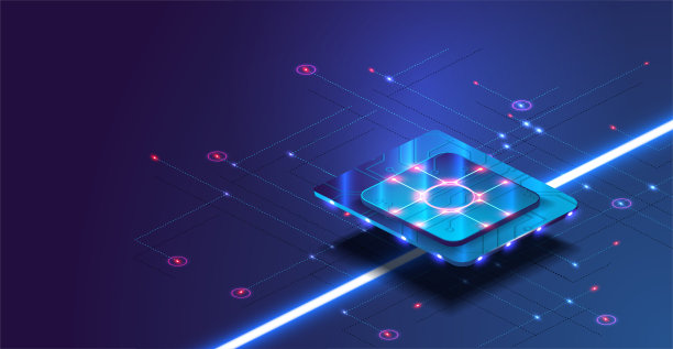 未来的微芯片处理器，蓝色背景上有灯光。量子计算机，大数据处理，数据库概念。CPU等距旗帜。中央计算机处理器CPU概念。数字芯片素材图片