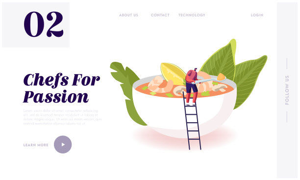 采购产品泰国菜，国家餐，海鲜菜单网站登陆页。小男人站在梯子在大碗冬阴功，酸汤虾和石灰网页横幅。卡通平面矢量插图图片下载