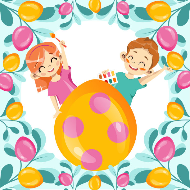 复活节快乐明信片模板。金色的复活节彩蛋和快乐的孩子们。快乐的男孩和女孩着色Paschal蛋。节日的祝福。卡通平的风格。矢量图图片下载
