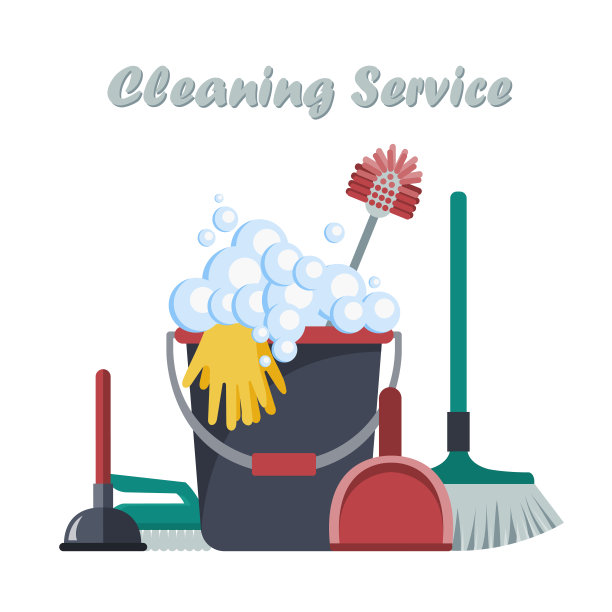 清洗设备。清洁服务理念。海报模板的房屋清洁服务与各种清洁工具。平面向量插图图片下载