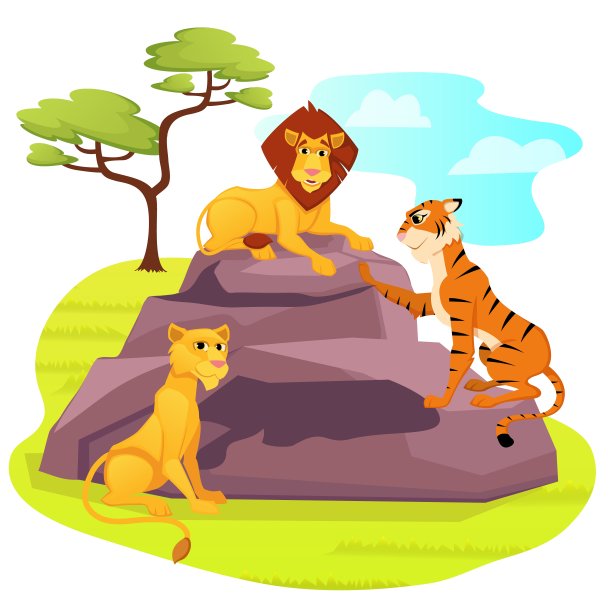狮子王坐在岩石上，母狮和老虎图片下载