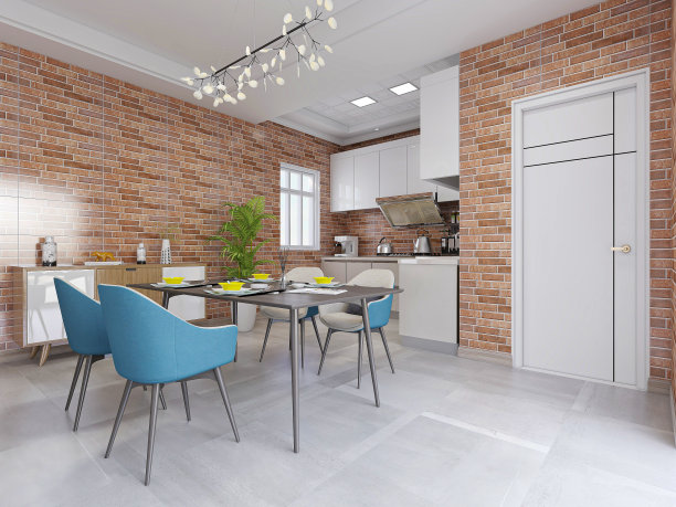 3D渲染，宽敞的餐厅在现代化的厨房旁边，红色的砖墙和绿色的植物，特别美丽。图片下载