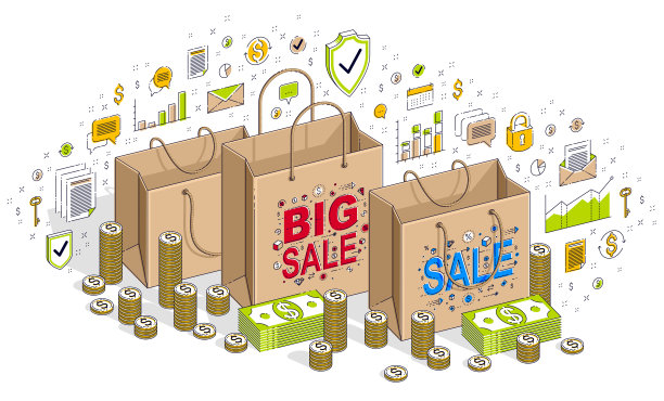 销售概念，零售，大销售，购物袋与现金堆栈和硬币堆孤立的白色。等距3d矢量财务插图与图标，统计图表和设计元素。图片下载