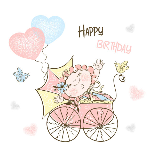 明信片上是一个女孩的出生，她有婴儿车和气球。向量图片下载