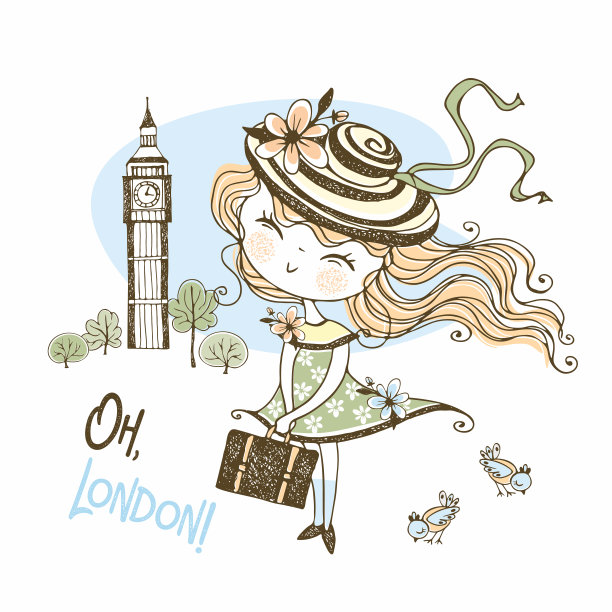 在洛登，戴着帽子拎着行李箱的可爱女孩。旅行。向量图片下载