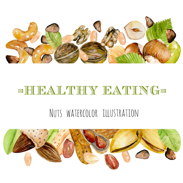 框架水彩坚果(花生，核桃，榛子，杏仁，开心果，雪松坚果，腰果)，手绘在白色背景图片下载