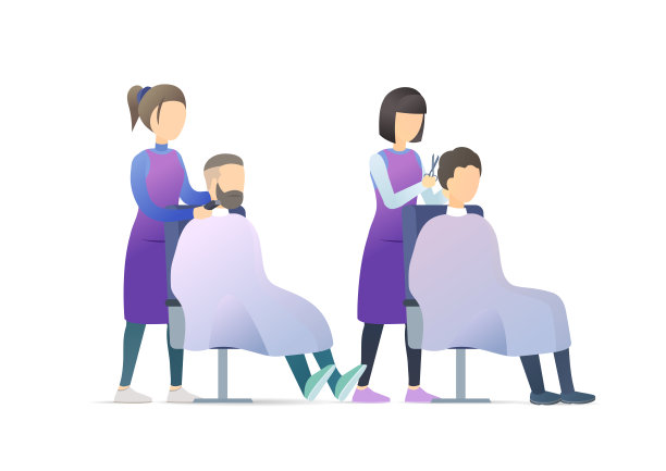 在理发店的人。美发师让人们为男性客户做时尚发型。图片下载