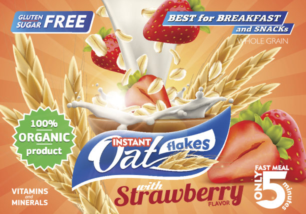 美味的燕麦片与生草莓和大牛奶喷溅广告传单矢量插图。高质量的艺术为广告宣传册，海报或标签设计图片下载