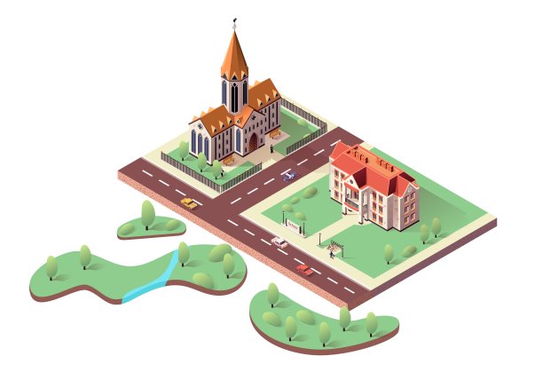 学校大楼，天主教堂和城市公园图片下载