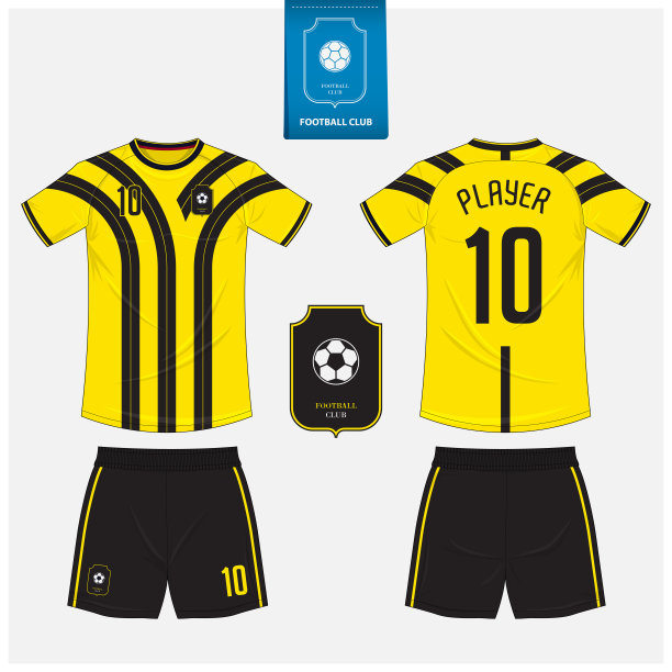 足球球衣或足球装备模型模板设计的运动俱乐部。足球t恤运动，短裤模仿。足球制服正面，背面。足球标志在平面设计。向量图片下载