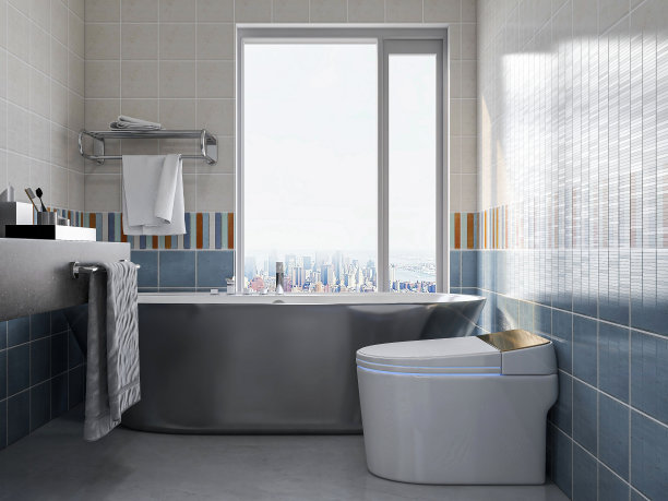 干净明亮的天蓝色卫生间和浴缸图片下载