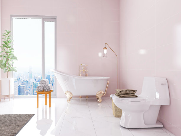 3D渲染，现代住宅洁净浴室设计，配备洗手盆，镜子，马桶，淋浴设备和浴缸，阳光从落地窗照射进来。图片下载