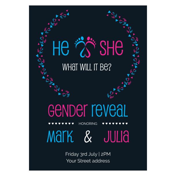 性别揭示派对邀请与婴儿脚和心矢量插图图片下载