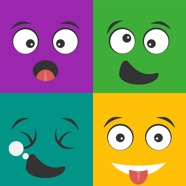 有趣的微笑，情绪，面部表情。彩色的,有趣的笑容。向量,卡通插图。向量。图片下载