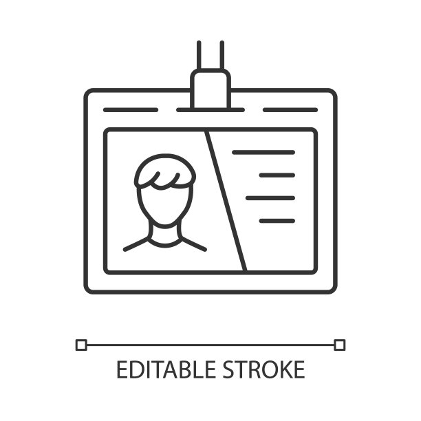 识别文件，id标签线性图标。访问通过细线说明。带有照片轮廓符号的塑料卡片。商人个人徽章矢量孤立轮廓画。可编辑的中风图片下载
