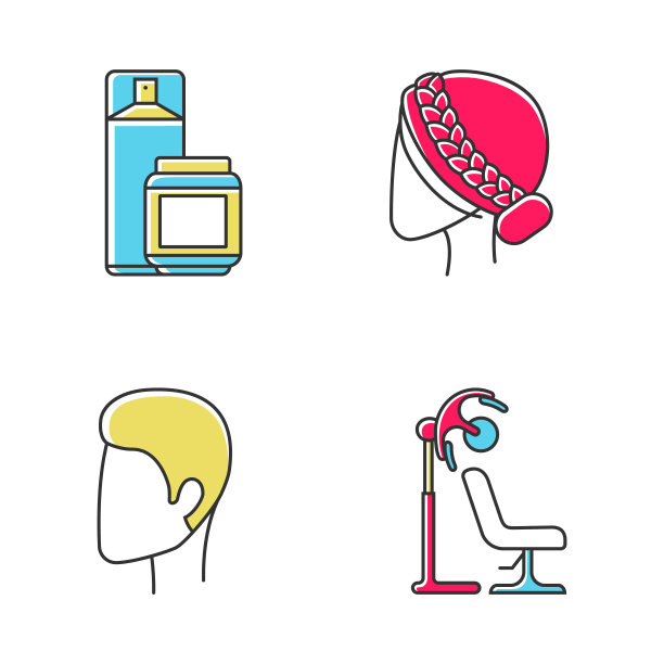 发型颜色图标集。理发店、美容院服务。发型、干燥、样式。发胶、发胶、立式吹风机、男女发型。孤立的矢量插图图片下载