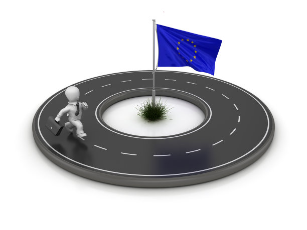 带有商业特征的环行道路上的欧盟旗帜- 3D渲染图片下载
