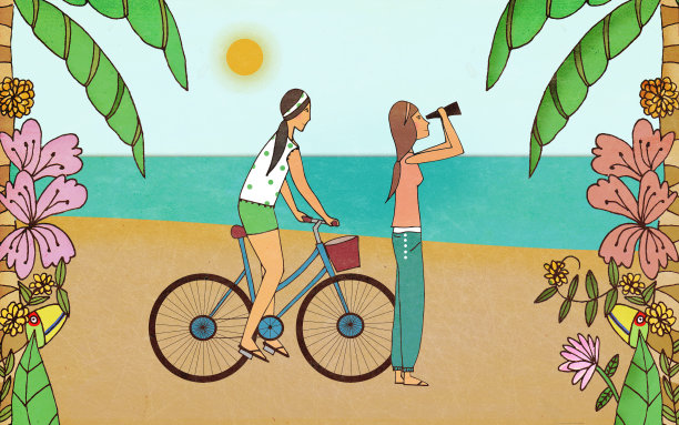 夏天，年轻女孩和冒险家们在热带海滩上旅游图片下载