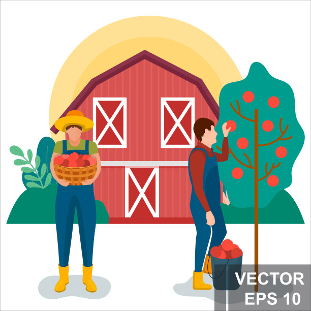 农民。收割。苹果用于你的设计。现代公寓风格。图片下载