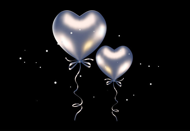 节日3d现实银色心形气球与蝴蝶结和丝带在黑色背景与闪闪发光的五彩纸屑。图片下载