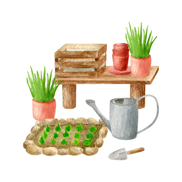 水彩可爱的园艺插图。手绘喷壶，木盒，花坛，苗木和草药在花盆和长凳上隔离白色。春季、夏季为卡片设计。图片下载