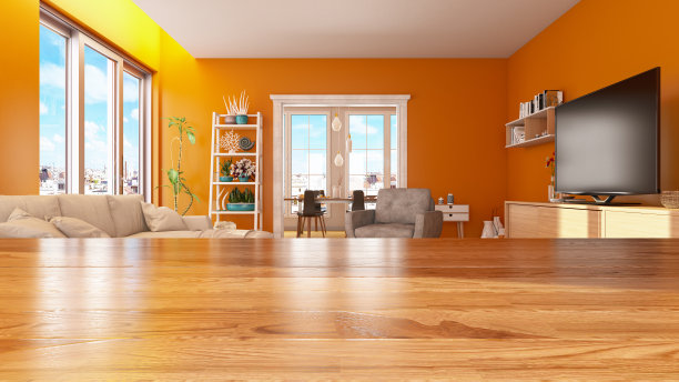 木质桌面与现代客厅室内模糊图片下载