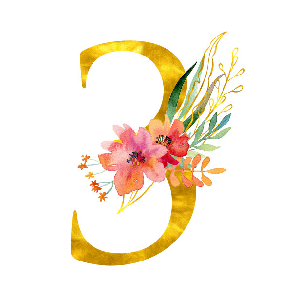 优雅的夏日装饰花号。金色数字3和水彩花束。为设计元素图片下载