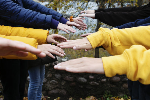 许多手靠近，试图连接，握手。户外,秋天,白种人。图片下载