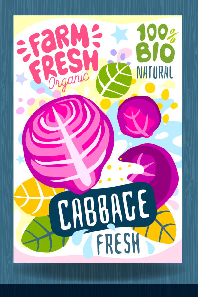 摘要飞溅食品标签模板。多彩的画笔描边。蔬菜，水果，香料，包装设计。卷心菜，红色，切片，熟了。有机新鲜。图片下载